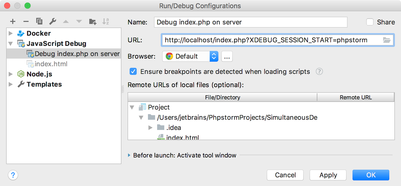 URL parameter for the Run/Debug configuration