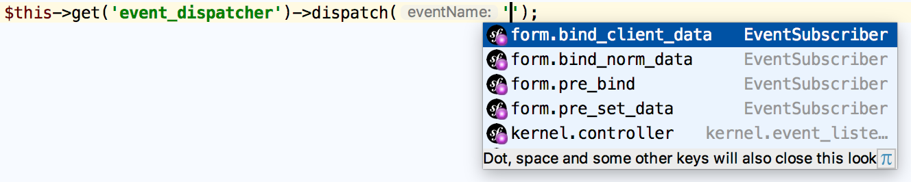 Symfony events name completion