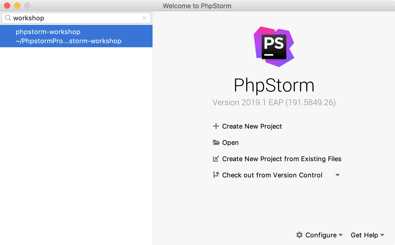 PhpStorm welcome screen