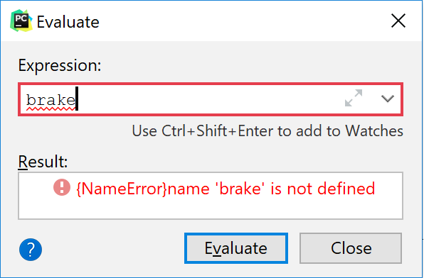 PyCharm: Evaluate expression dialog displays an error