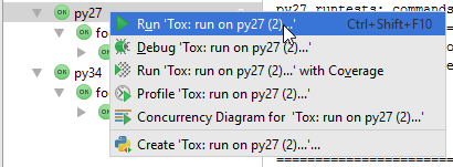 Context menu to  run a Tox test