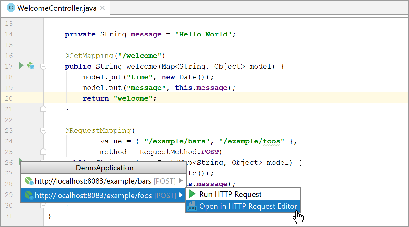 Opening HTTP request mappings in the Request editor