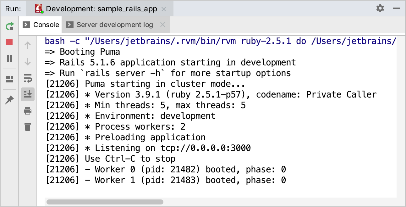 Run tool window / run Rails application Run tool window / run Rails application