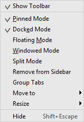 tool window button context menu
