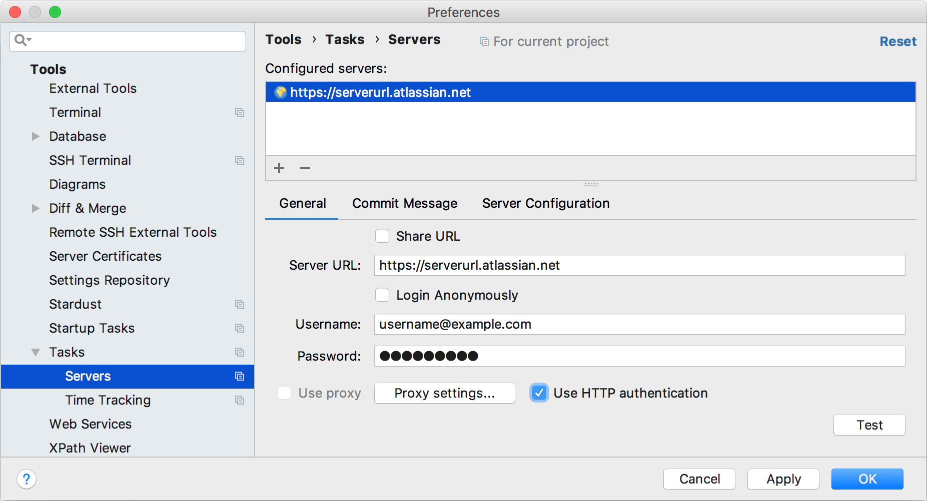 Specifying server URL and credentials