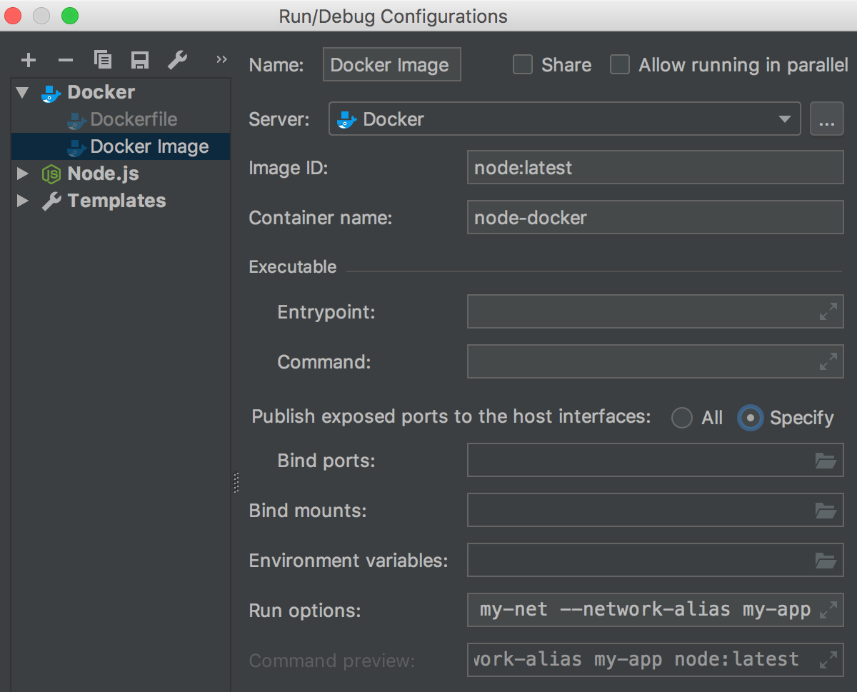 The Edit Deployment Configuration dialog with command-line options