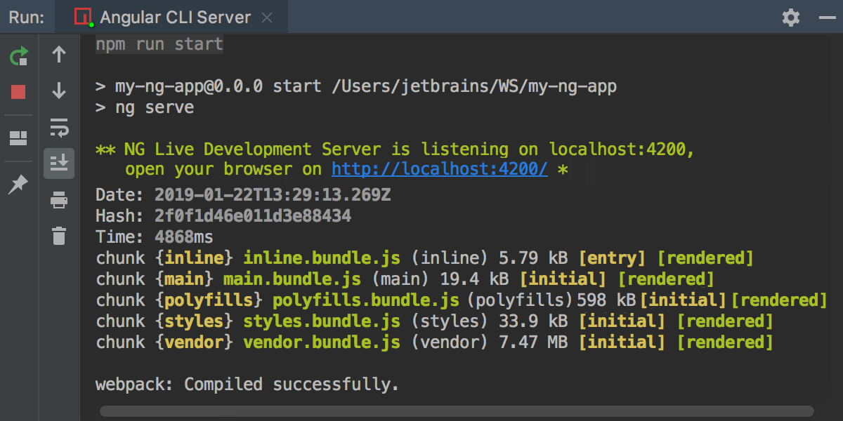 Running Angular CLI app: the Webpack Development server is ready