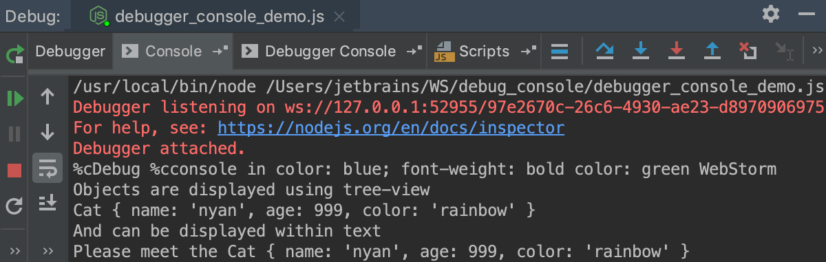 Node.js debugging: Console tab