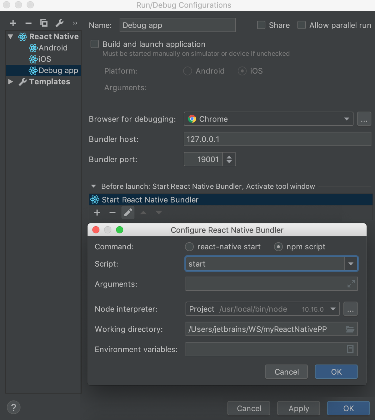 React Native Debug configuration for debugging with Expo: change bundler settings