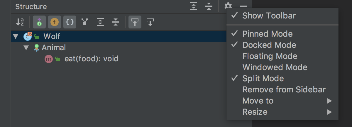 Tool window: context menu on pressing the Settings button on the title bar