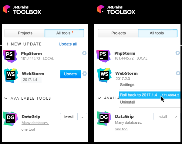 Updating WebStorm in the JetBrains Toolbox