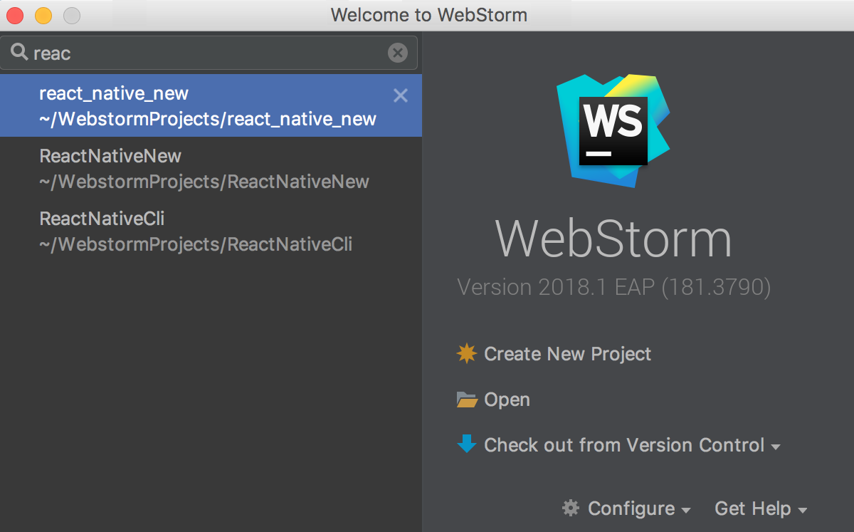 WebStorm welcome screen