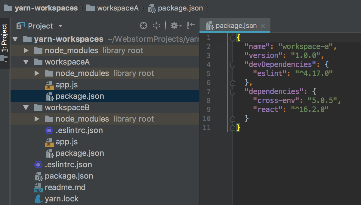 CLion indexes all the dependencies listed in different package.json file but stored in the root node_modules folder