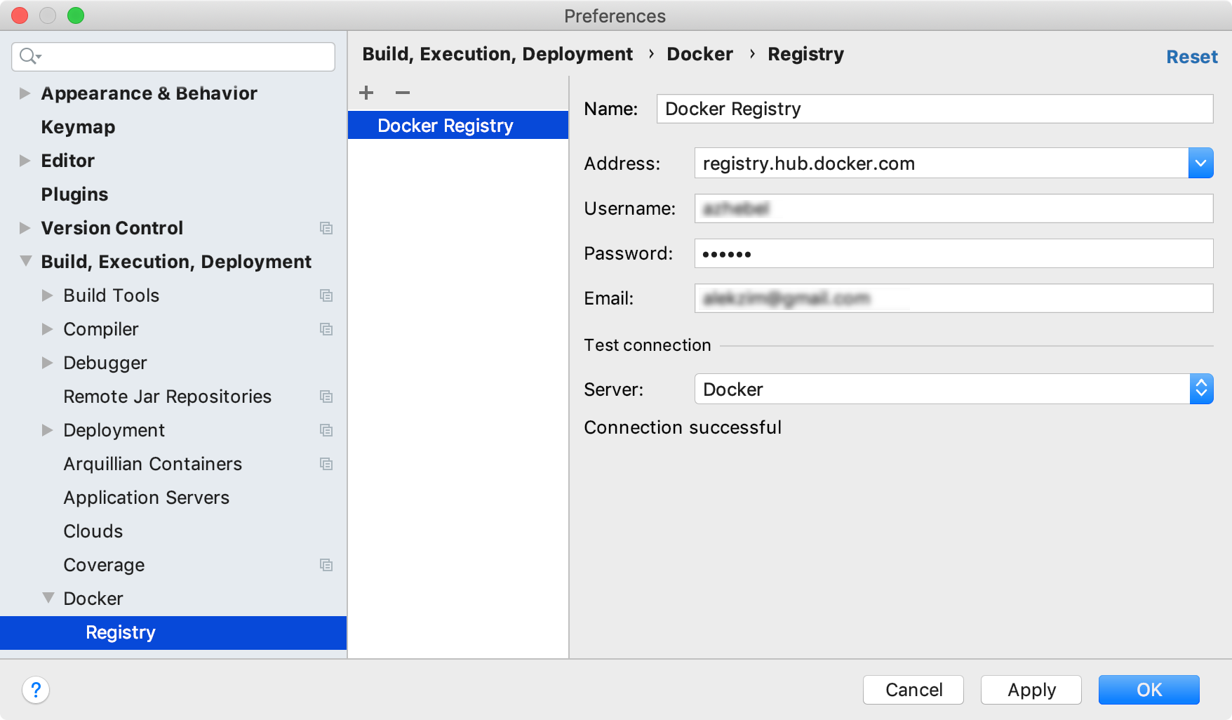 The Docker Registry dialog
