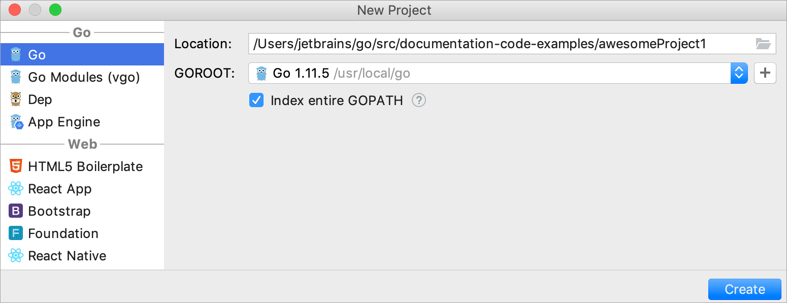 Create a project with Go integration
