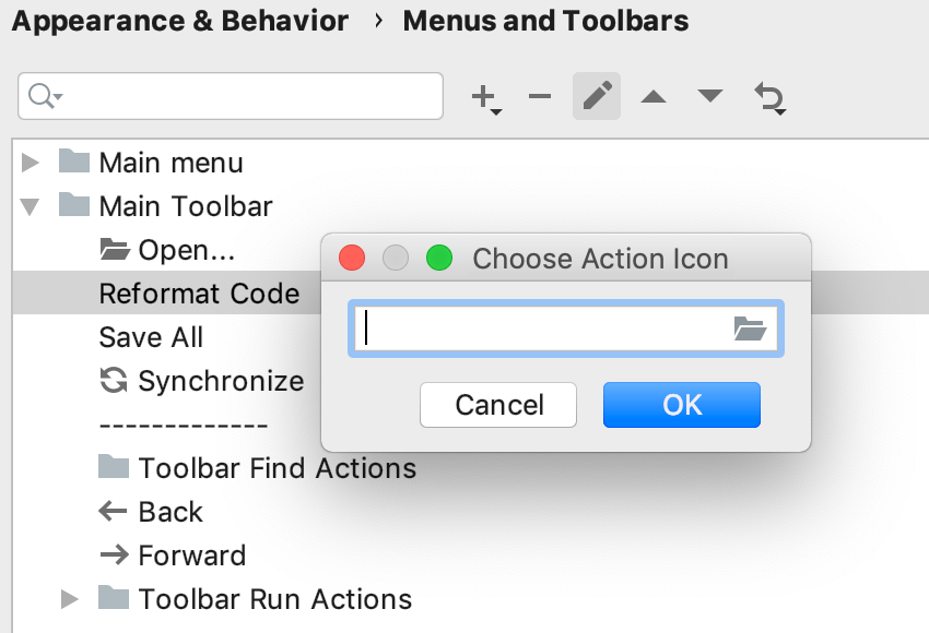 the Action icon dialog