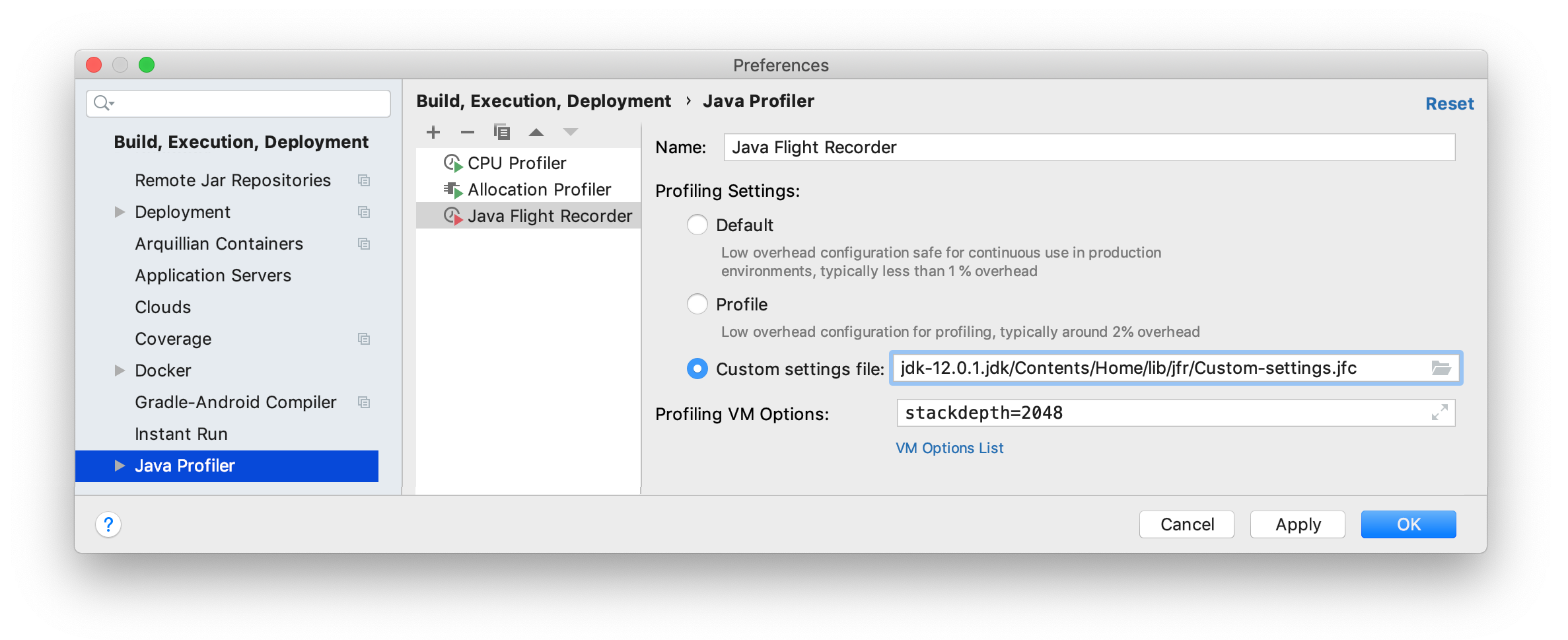 Uploading custom settings to JFR