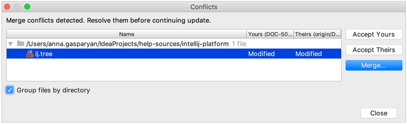 PyCharm: VCS operation conflicts dialog