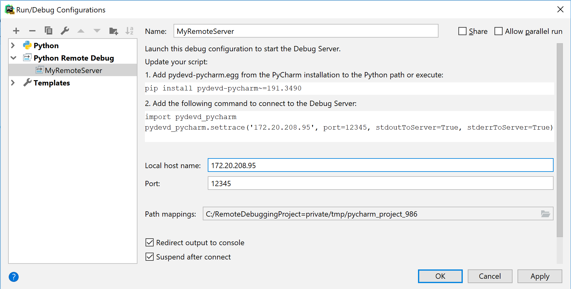 Adding a Python remote debug configuration