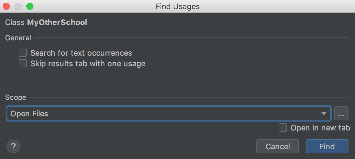 Find Usages dialog (settings for Find Usages)