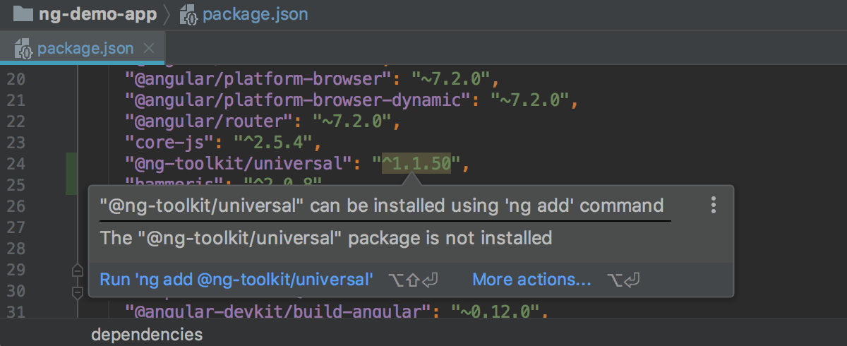 WebStorm suggests adding a dependency with ng add