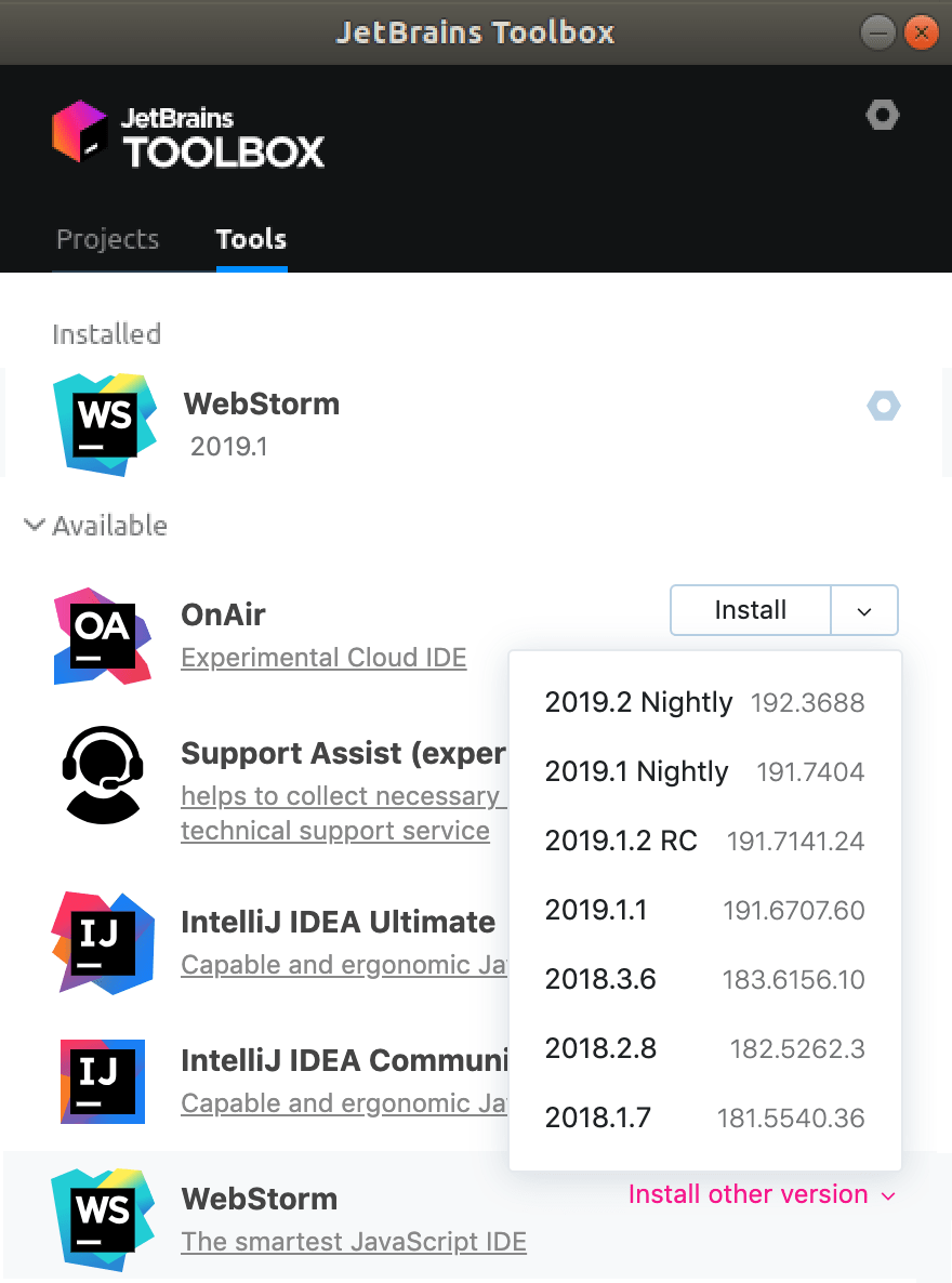%WebStorm in the JetBrains Toolbox App
