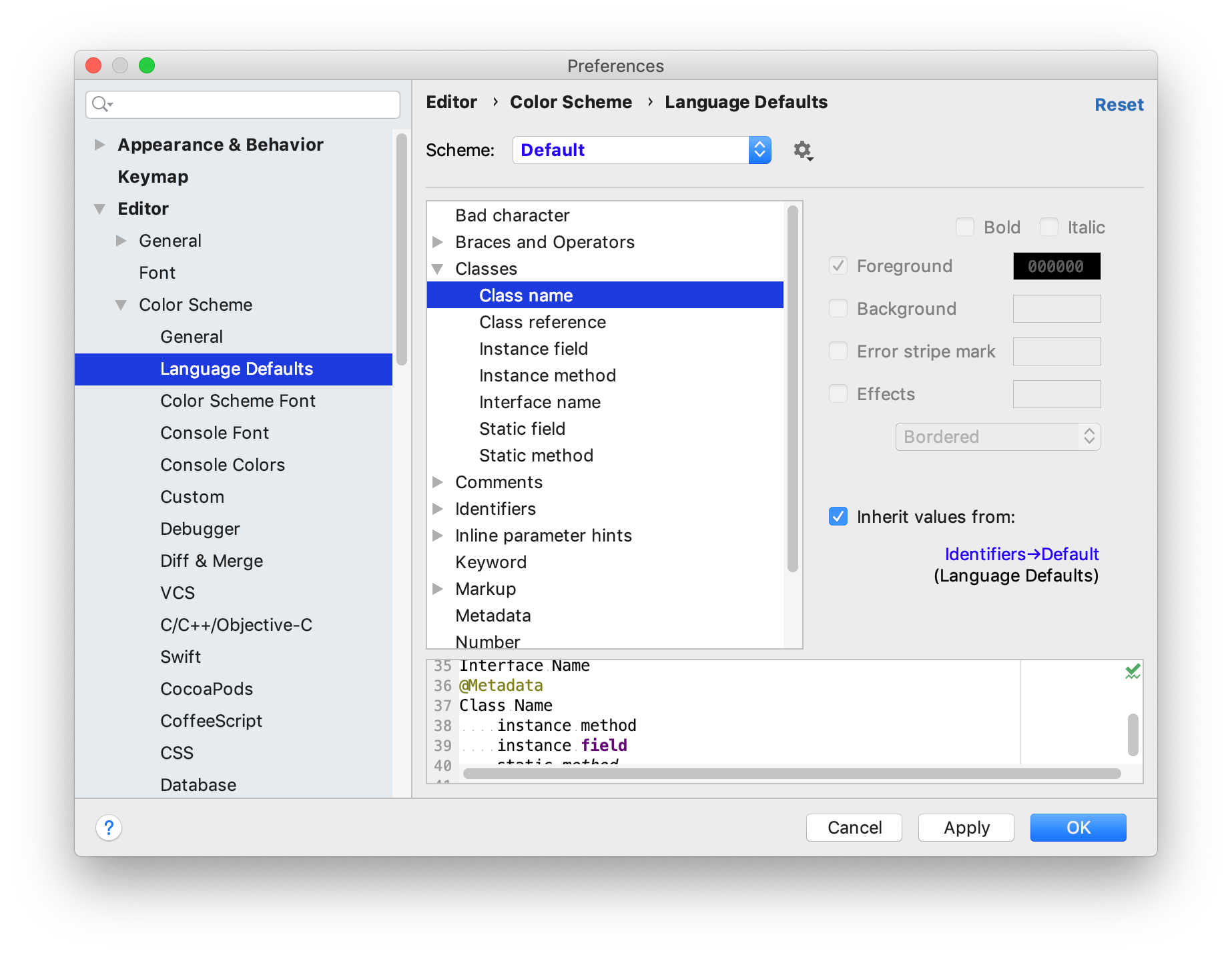 Language Defaults section under Color Scheme settings
