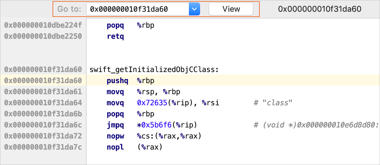 Go to function in the disassembly view Go to function in the disassembly view