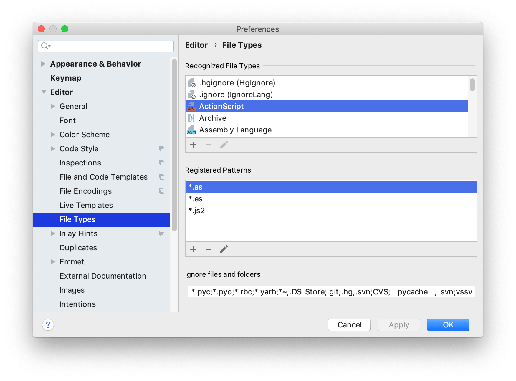File type settings File type settings
