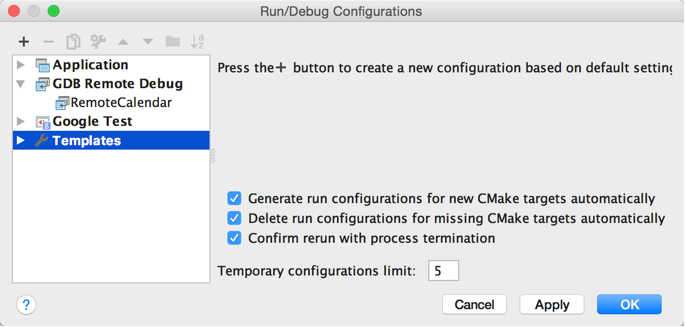 Changing Run/debug defaults
