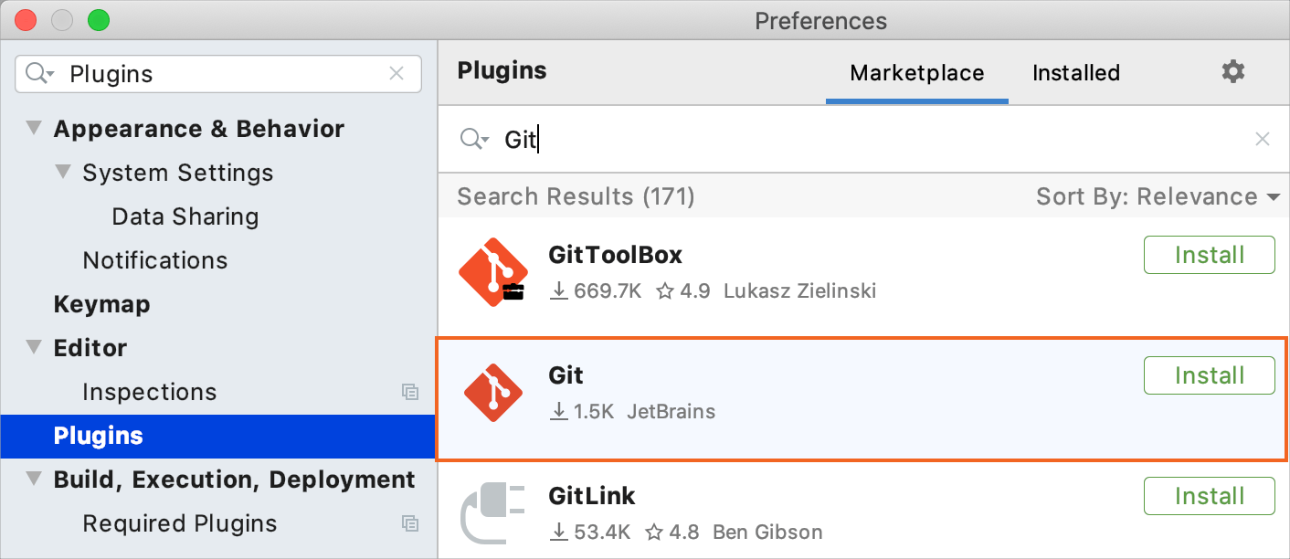 Install the Git plugin by JetBrains