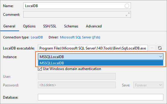 Select the LocalDB instance to which you want to connect to
