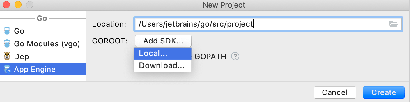 Select a local copy of Go SDK
