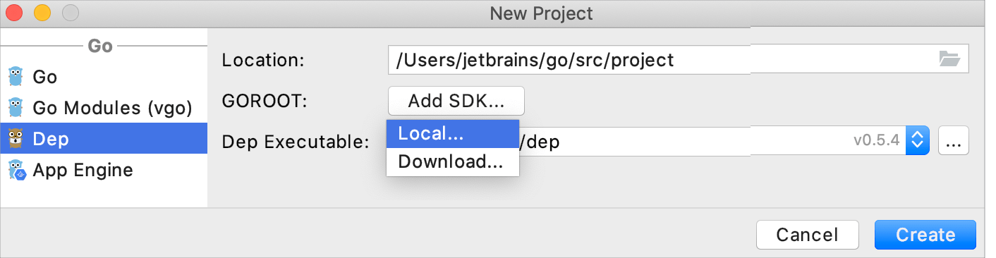 Select a local copy of Go SDK