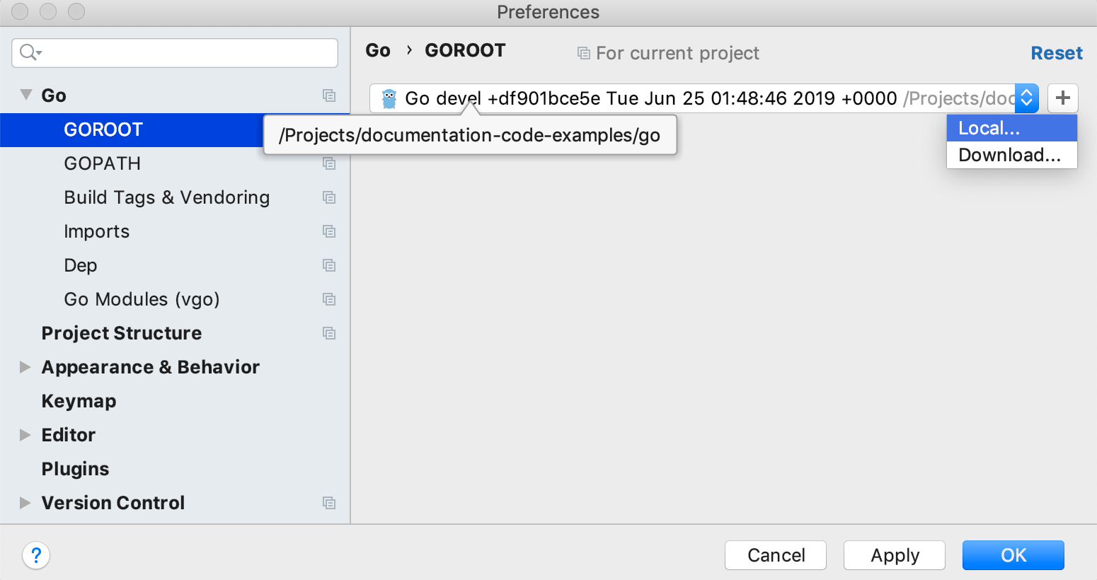 Step 3. Set the root directory of the cloned Go project as the Go SDK for the project
