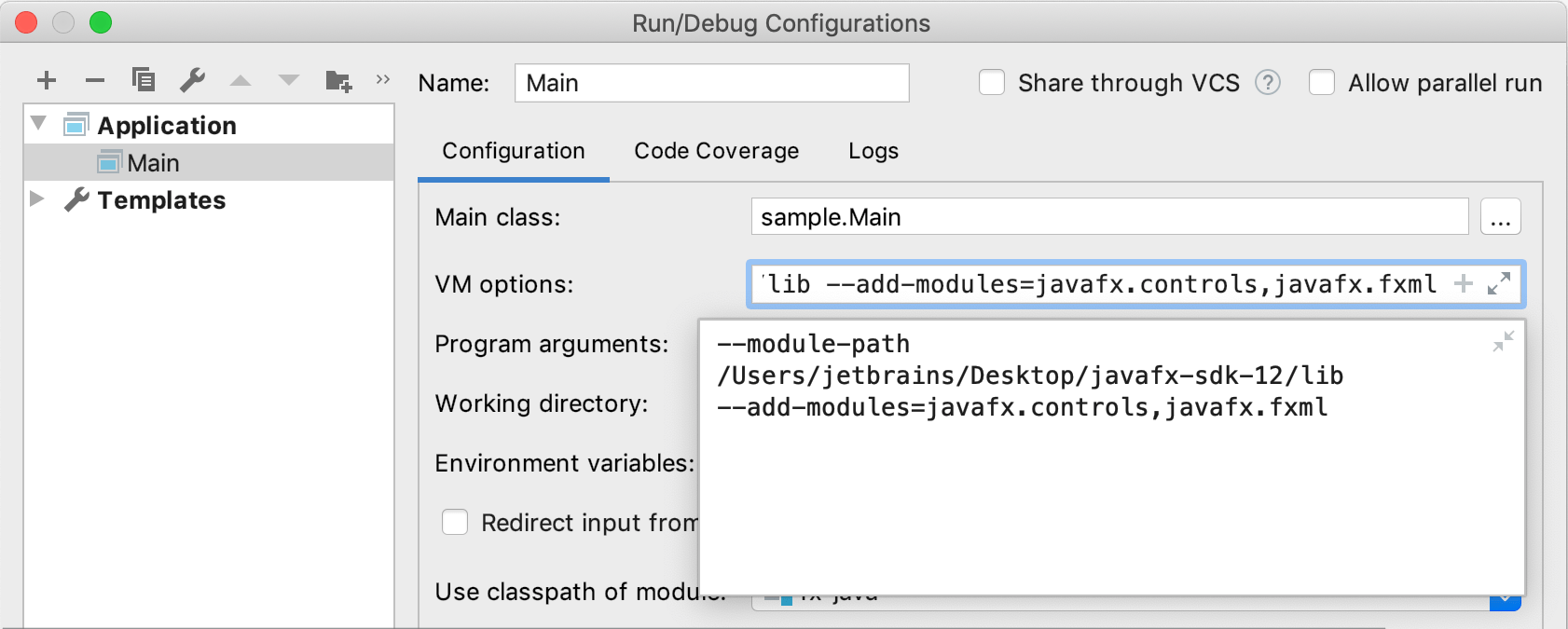 Specifying VM options for JavaFX