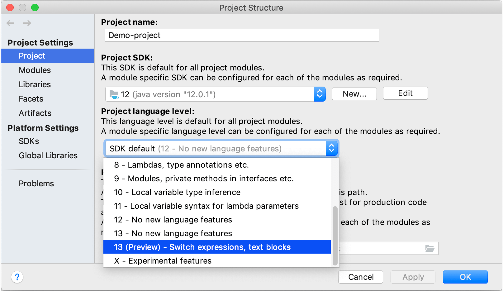 selecting preview features in Language level
