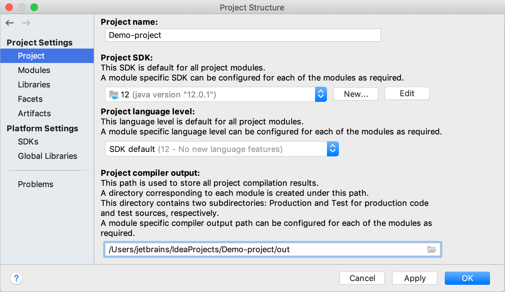 Project page of the Project Structure dialog