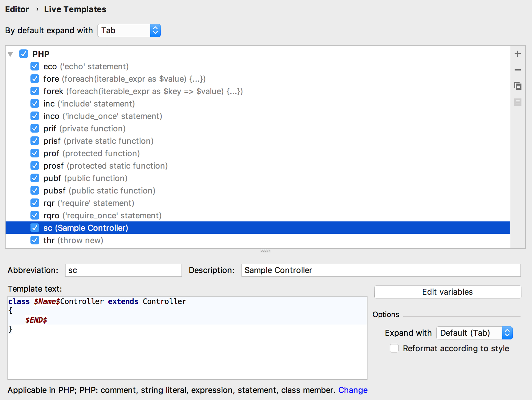 Live template settings page Live template settings page
