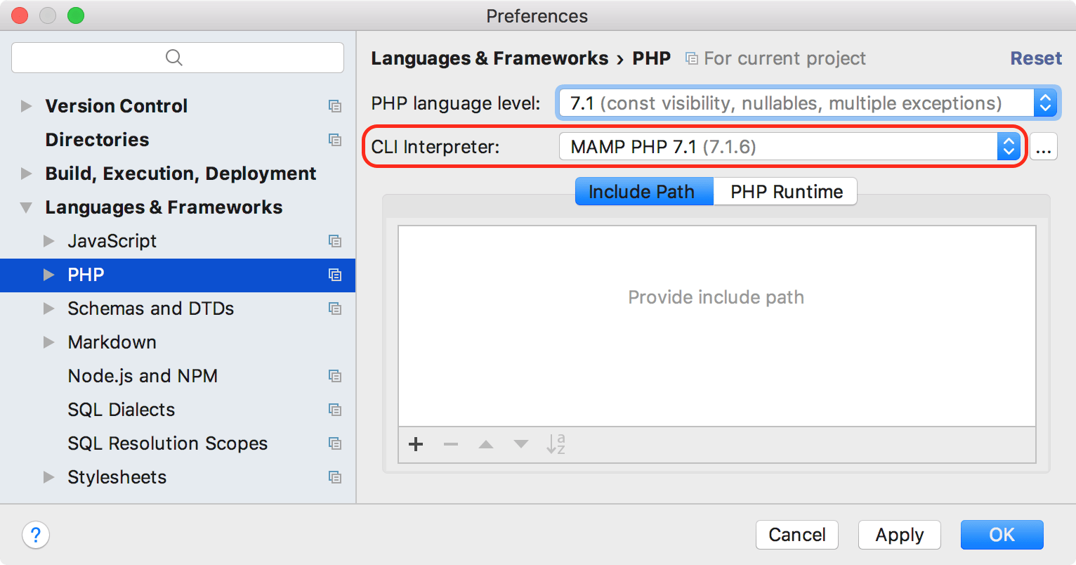 MAMPインタープリターが選択されました MAMP interpreter selected