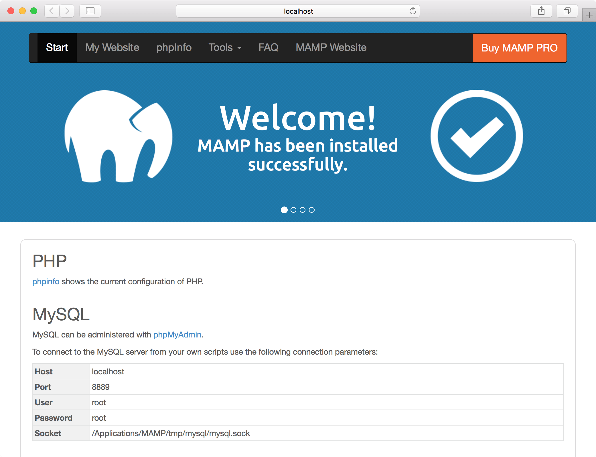 MAMPスタートページ MAMP start page