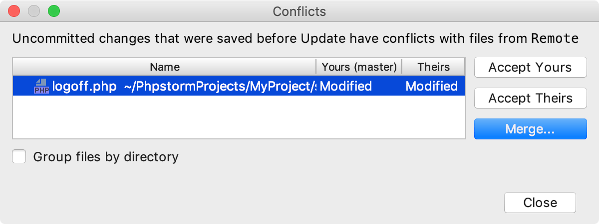 PhpStorm: VCS operation conflicts dialog