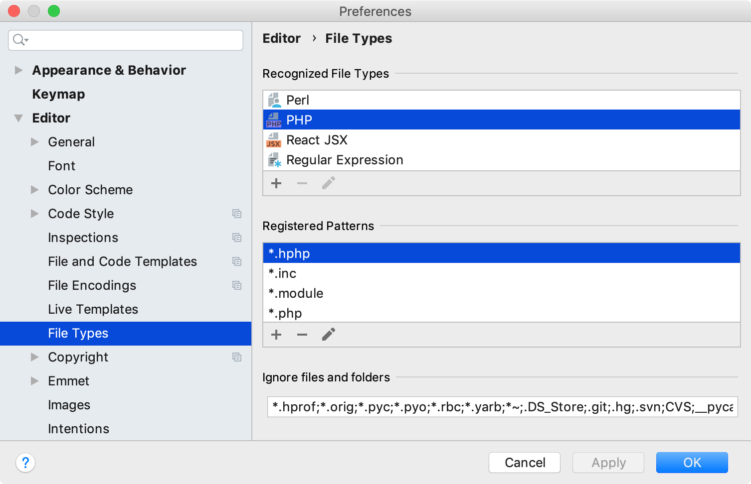 File type settings File type settings