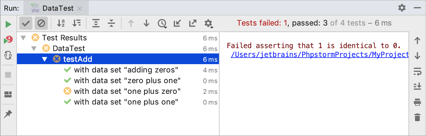 Test runner in the Run tool window Test runner in the Run tool window