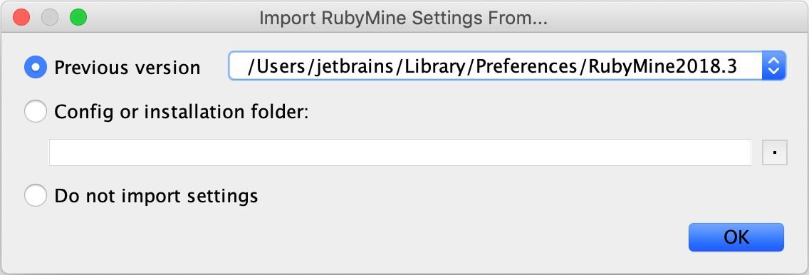 Import RubyMine Settings From dialog