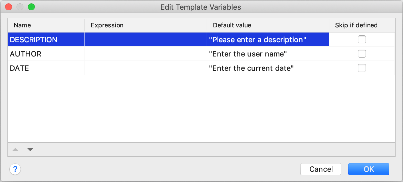 Edit Templates Variable dialog