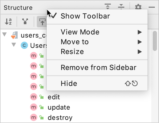 Context menu of a tool window title