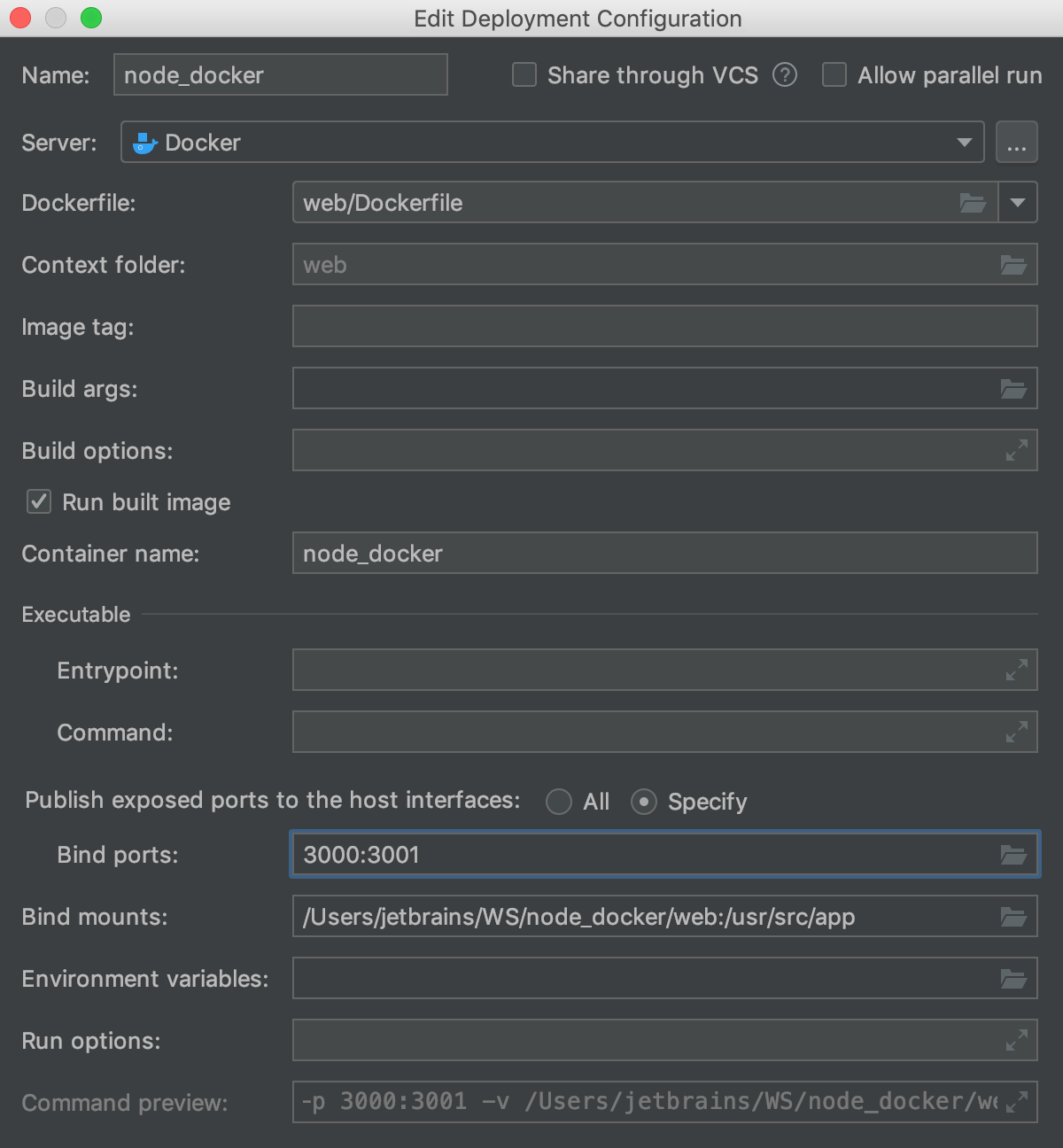 The Edit Deployment Configuration dialog with bound ports The Edit Deployment Configuration dialog with bound ports