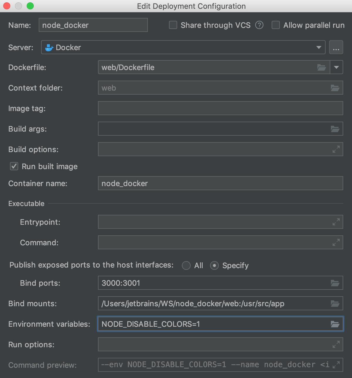 The Edit Deployment Configuration dialog with environment variables The Edit Deployment Configuration dialog with environment variables