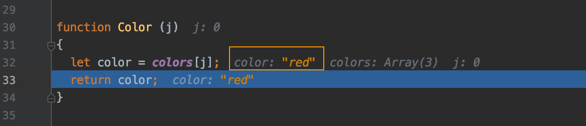 変数のインライン値は各ステップで変化する Inline values of the variables change with each step